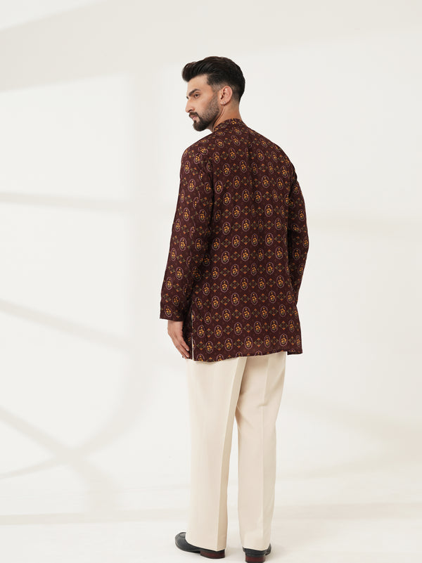 Deep Wine Printed Kurta with Ivory Pants