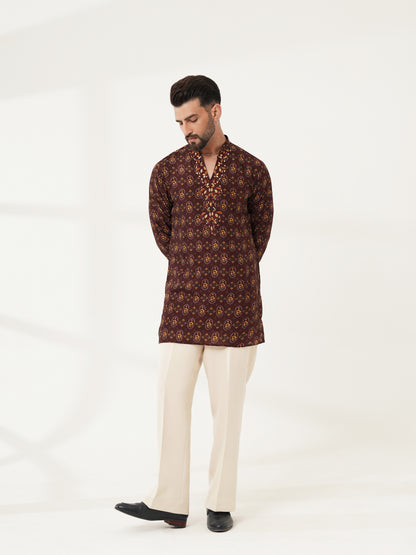Deep Wine Printed Kurta with Ivory Pants