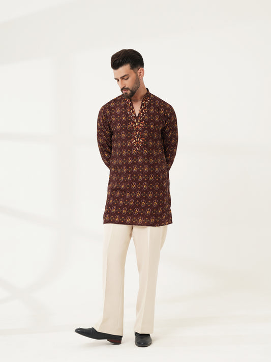 Deep Wine Printed Kurta with Ivory Pants
