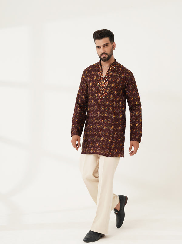 Deep Wine Printed Kurta with Ivory Pants