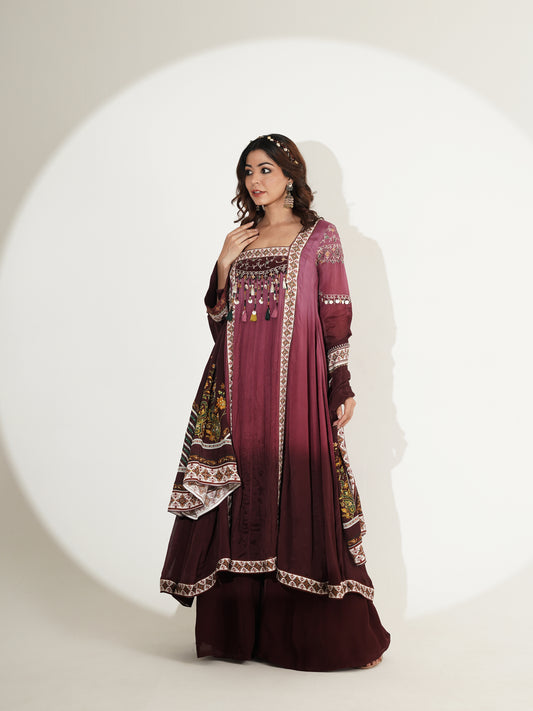 Mulberry Ombre Long Suit Set with Palazzo & Embroidered Dupatta