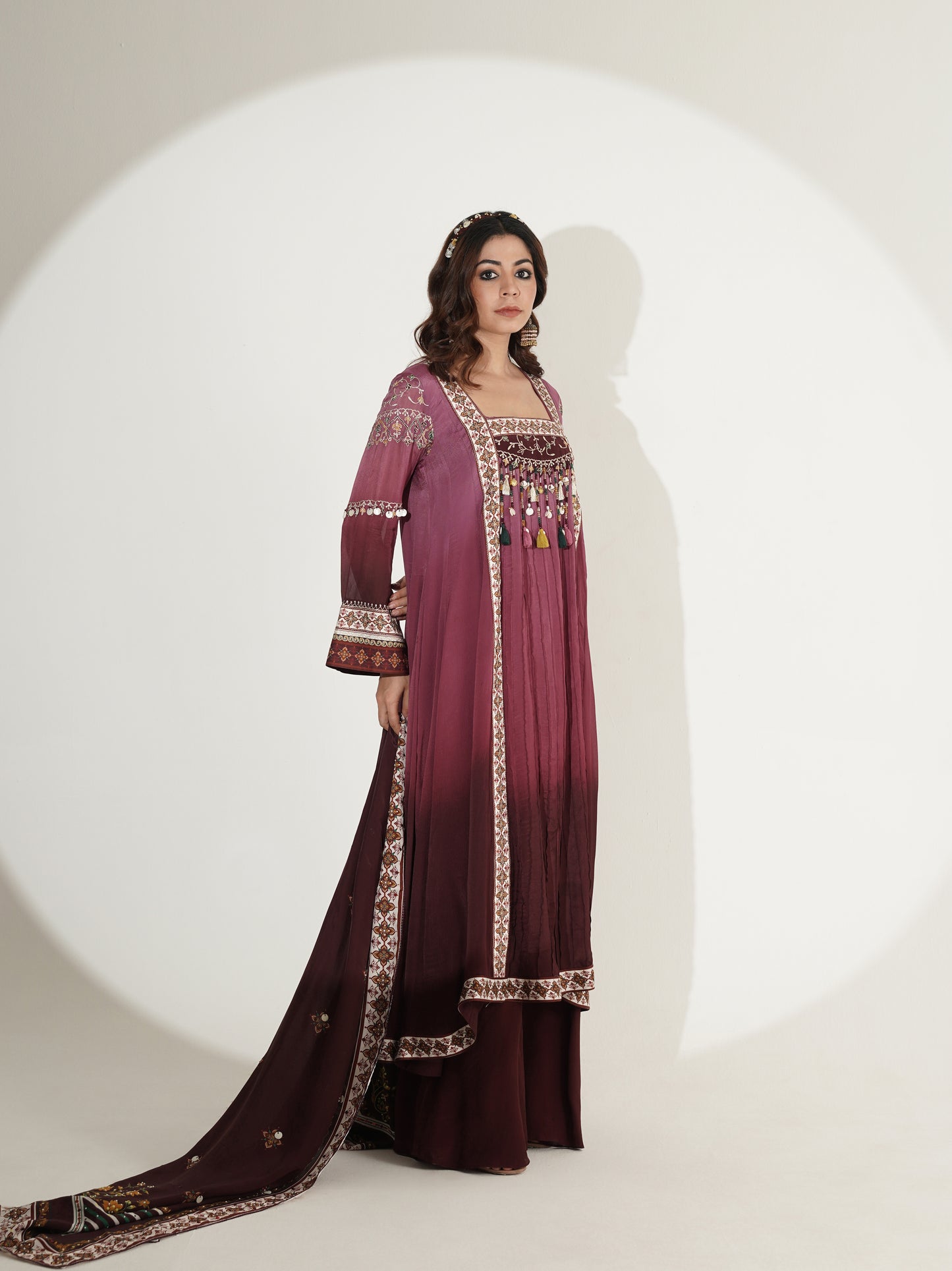 Mulberry Ombre Long Suit Set with Palazzo & Embroidered Dupatta