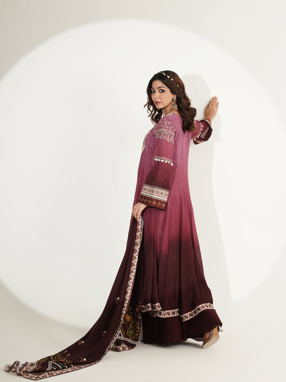Mulberry Ombre Long Suit Set with Palazzo & Embroidered Dupatta