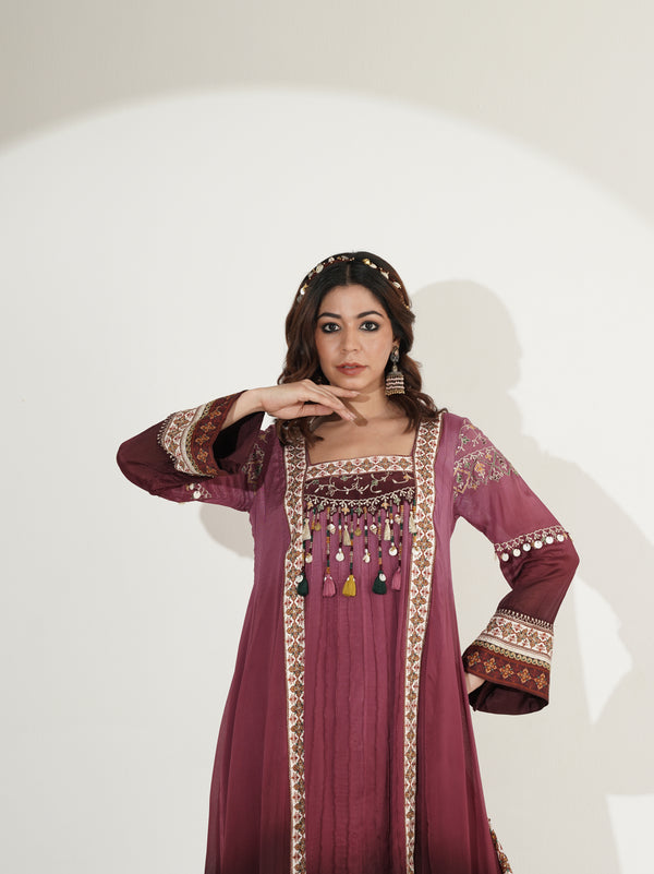 Mulberry Ombre Long Suit Set with Palazzo & Embroidered Dupatta