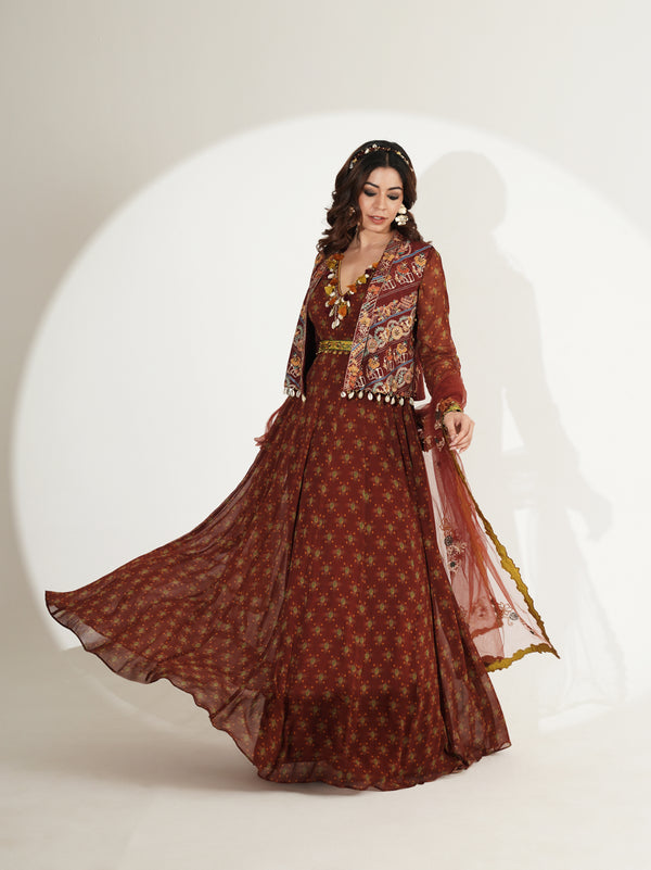Rust brown Anarkali dress with cropped embroidered jacket