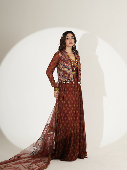Printed Anarkali set showing embroidered net dupatta