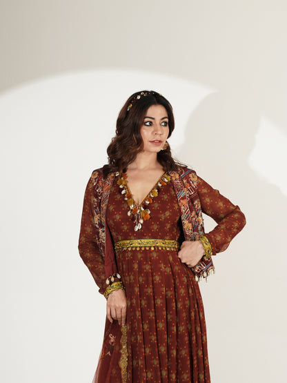 Rust brown printed Anarkali set with embroidered jacket, front view