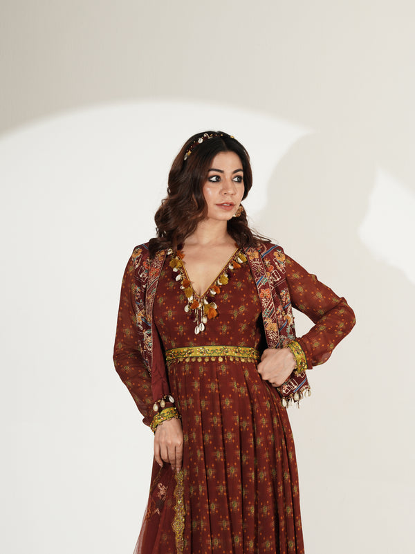 Rust brown printed Anarkali set with embroidered jacket, front view