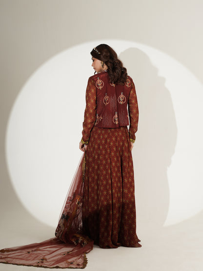Rust brown Anarkali set showing jacket and neckline details