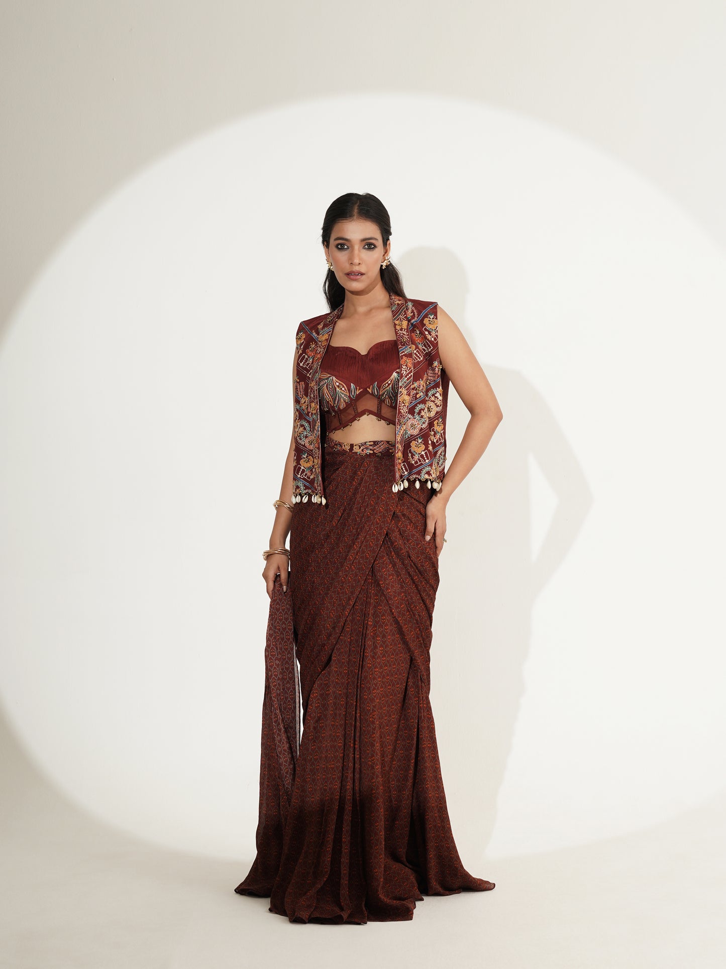 Vintage Maroon Printed Saree with Embroidered Blouse