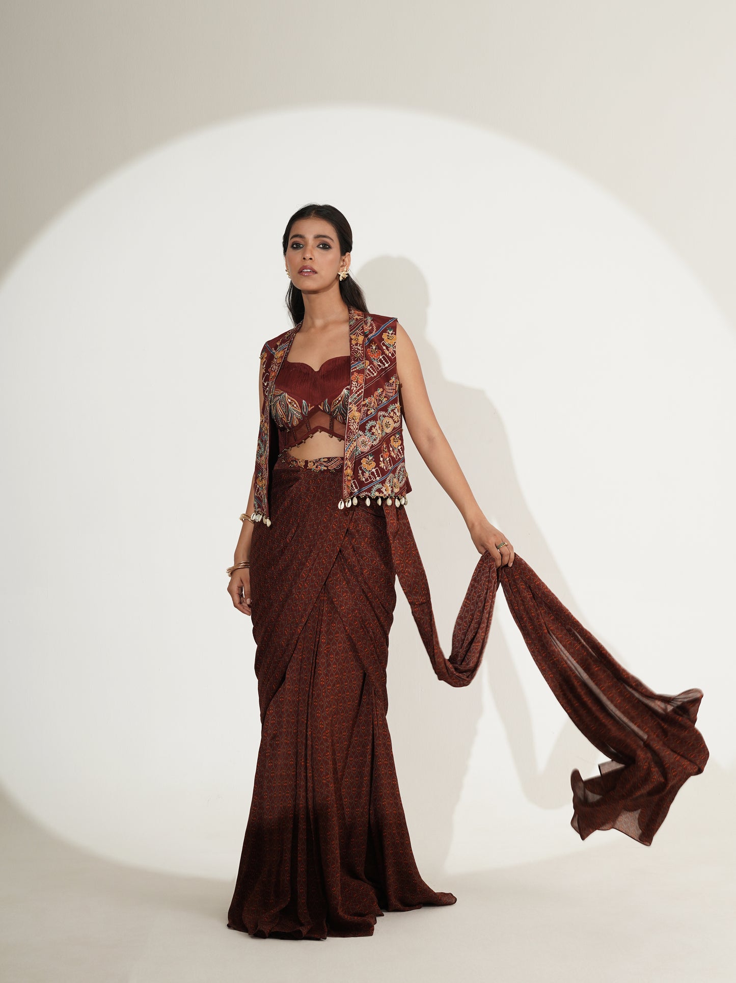 Vintage Maroon Printed Saree with Embroidered Jacket