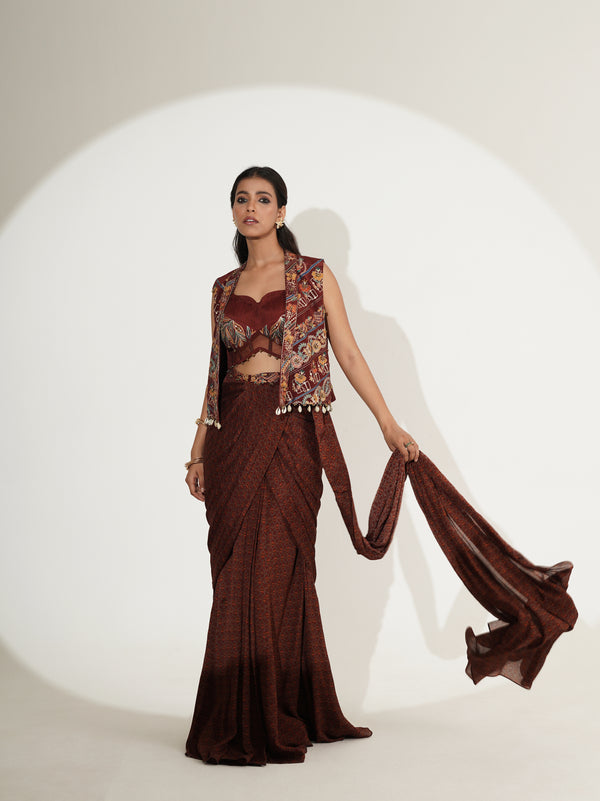 Vintage Maroon Printed Saree with Embroidered Jacket