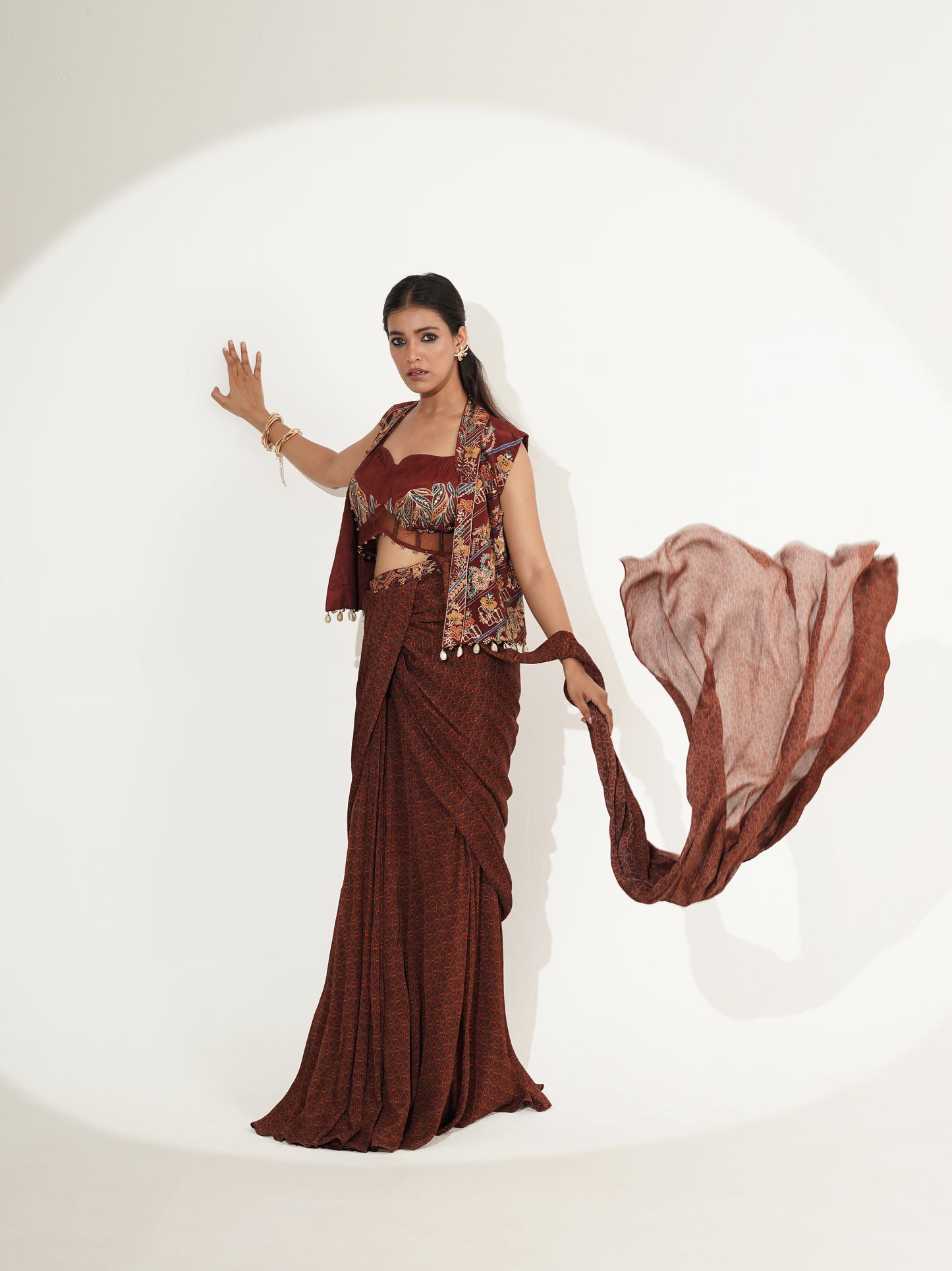 Vintage Maroon Printed Saree with Embroidered Blouse