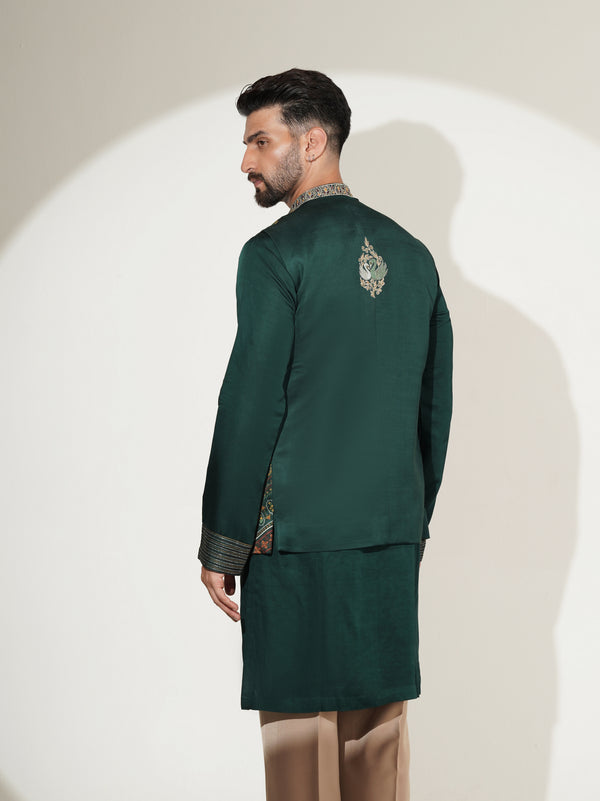 Deep green kurta set showing printed Bundi detail