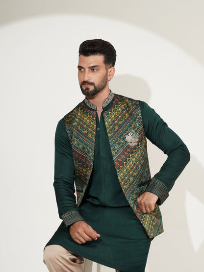 Deep green kurta and Bundi set, side view