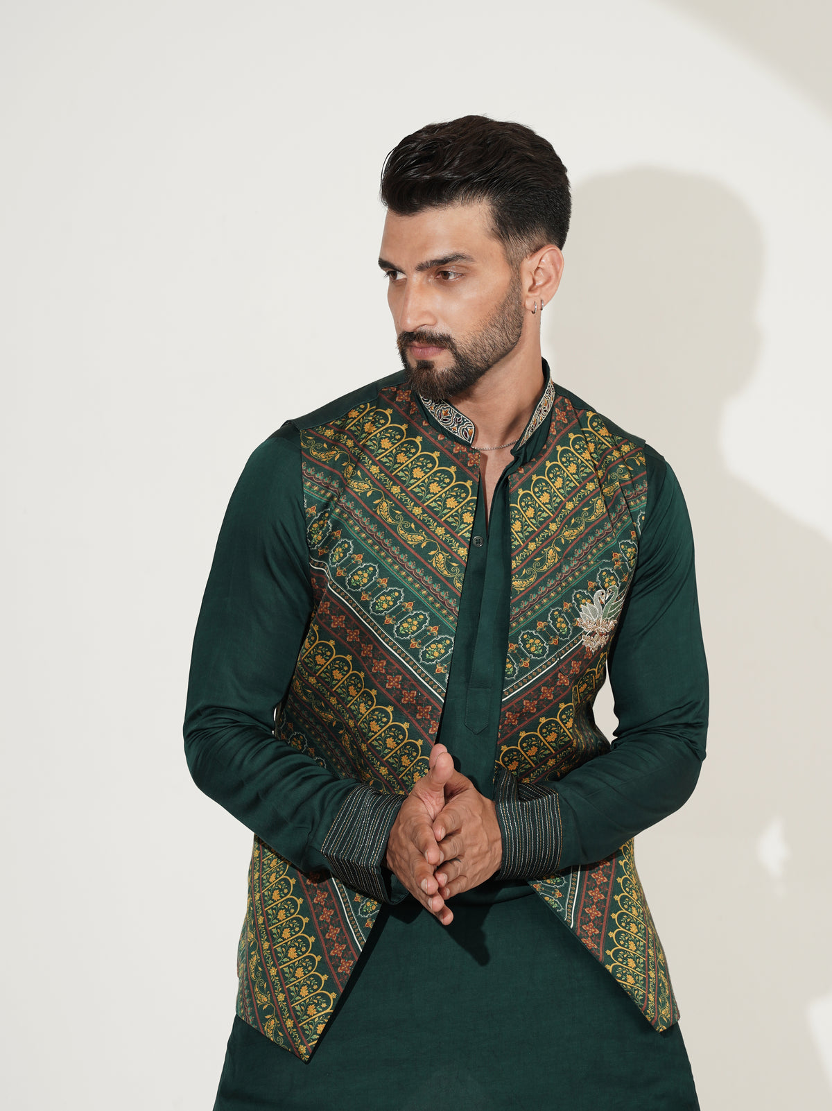 Deep green kurta and printed Bundi set, full-length view