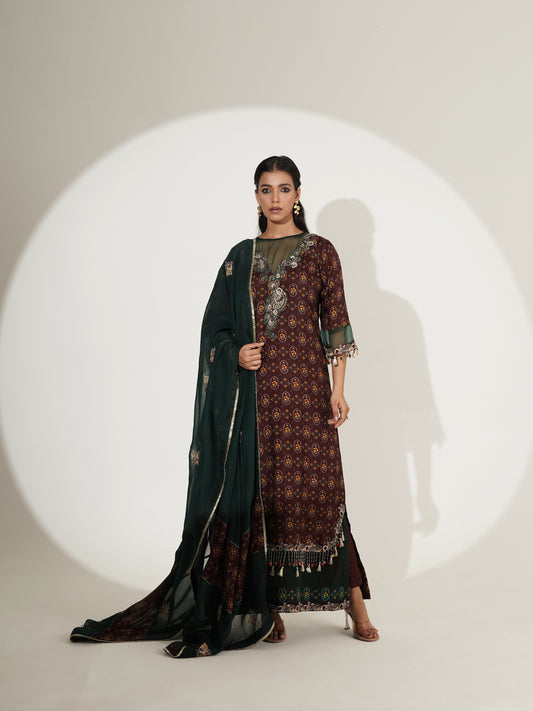Jewel Tone Long Suit Set with Palazzo & Embroidered Dupatta