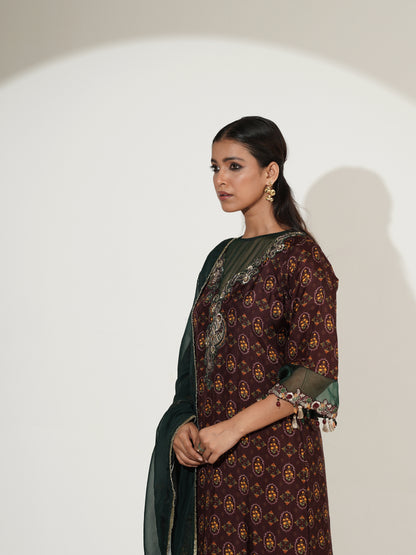 Jewel Tone Long Suit Set with Palazzo & Embroidered Dupatta