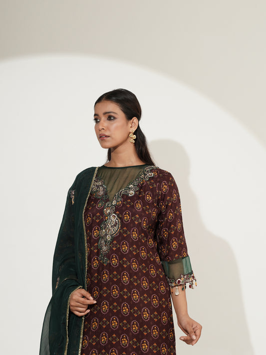 Jewel Tone Long Suit Set with Palazzo & Embroidered Dupatta