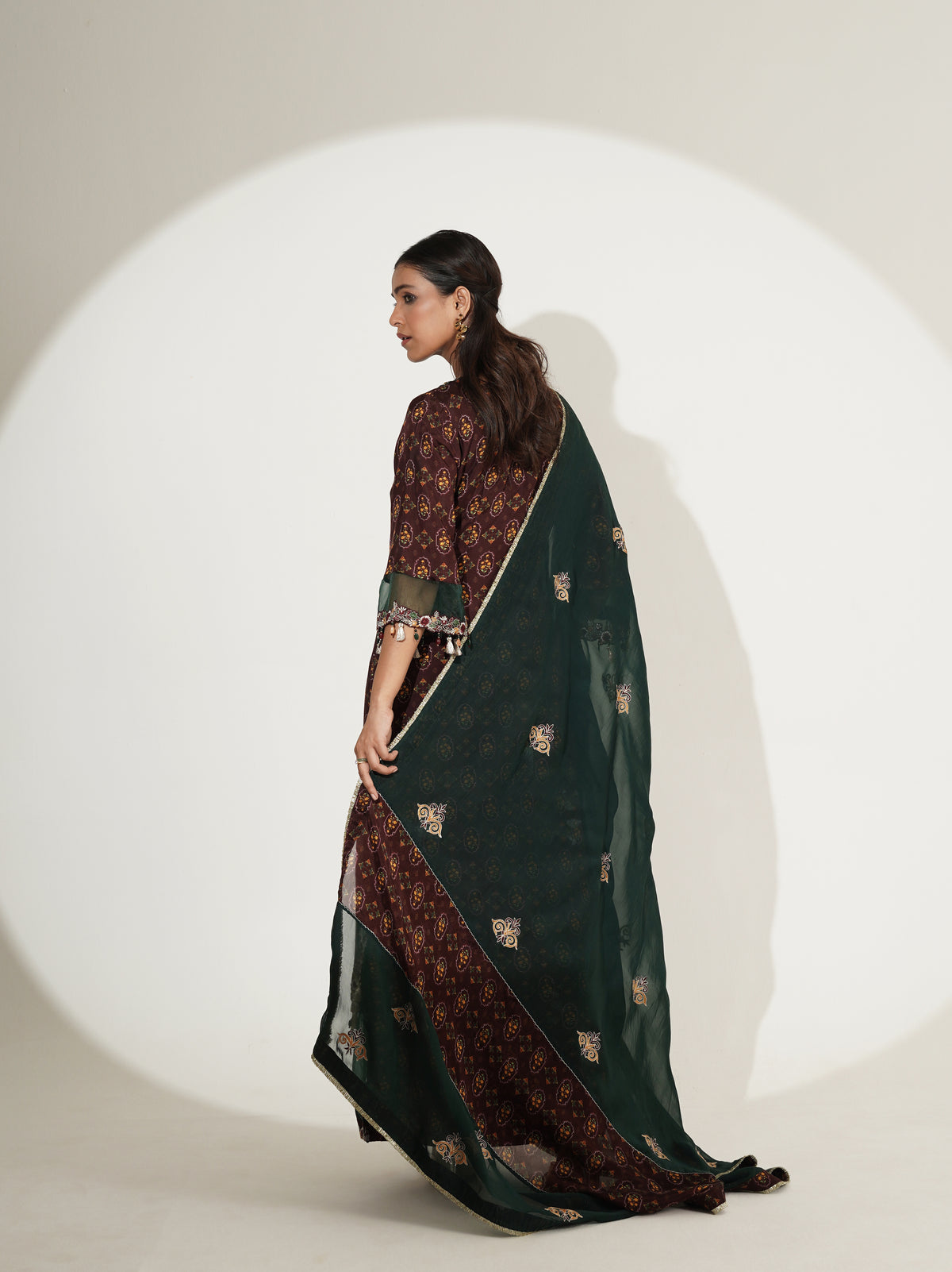 Jewel Tone Long Suit Set with Palazzo & Embroidered Dupatta