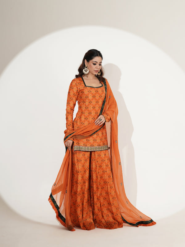 Printed Shirt & Sharara Set with Embellished Dupatta