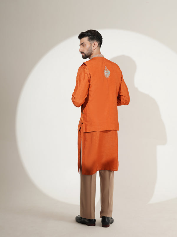 Burnt-orange kurta set with printed jacket, front view