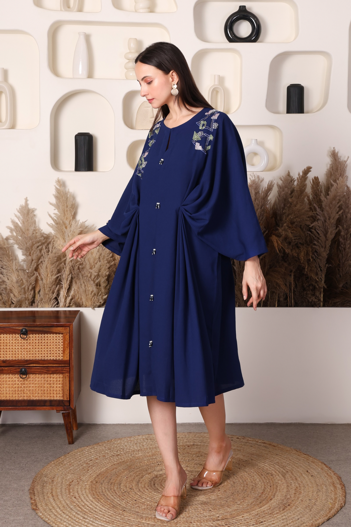 Navy multicolour embroidered kaftan dress, full-length front view