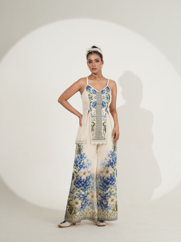 Blue floral co-ord set, full-length front view