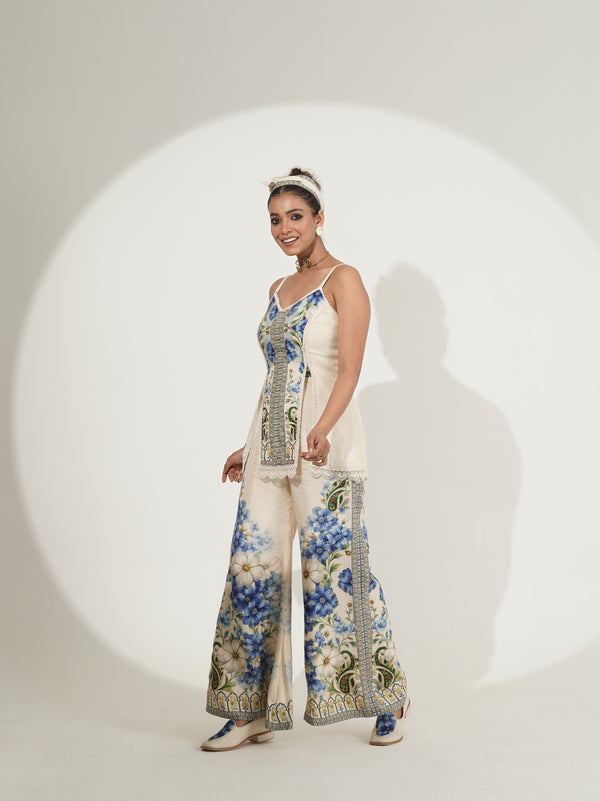 Blue floral co-ord set with wide-leg palazzo pants, side view