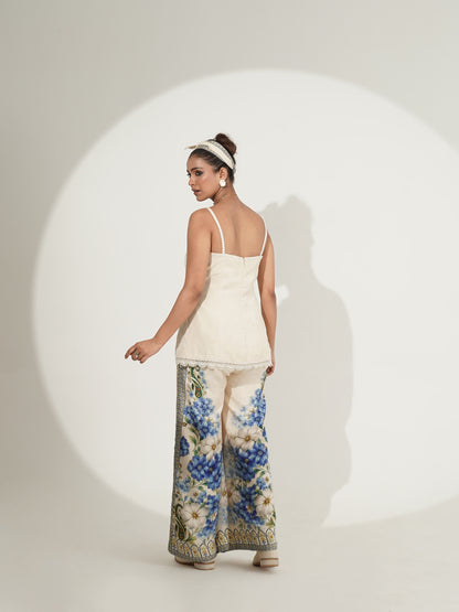 Blue floral co-ord set showing back view and palazzo print