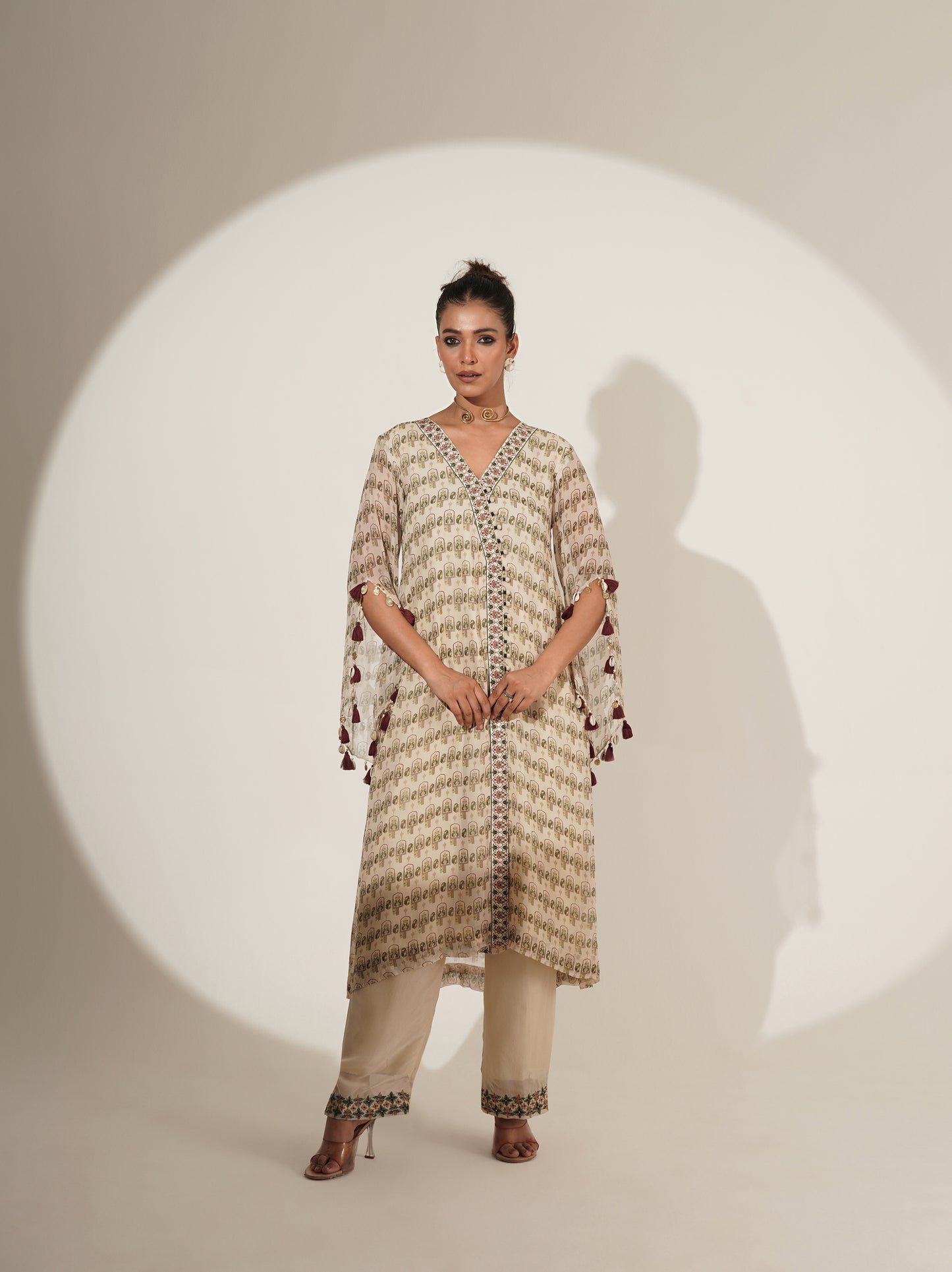 Beige printed Angrakha suit set, front view