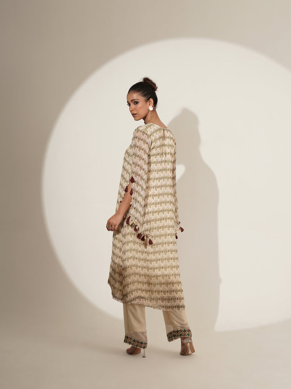Beige printed Angrakha suit set, side view