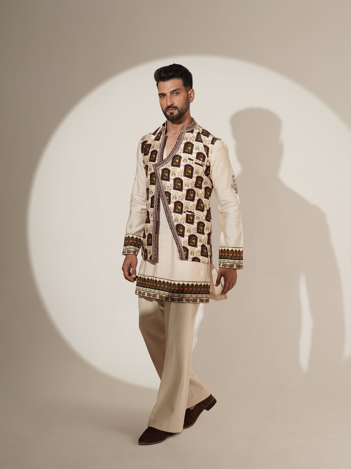 Ivory Printed Kurta Set with Statement Jacket
