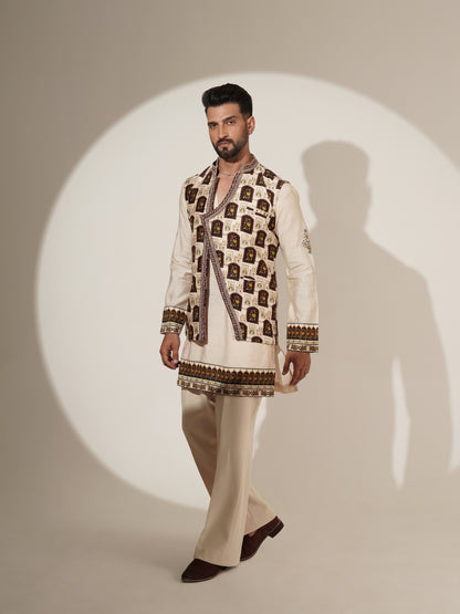Ivory Printed Kurta Set with Statement Jacket