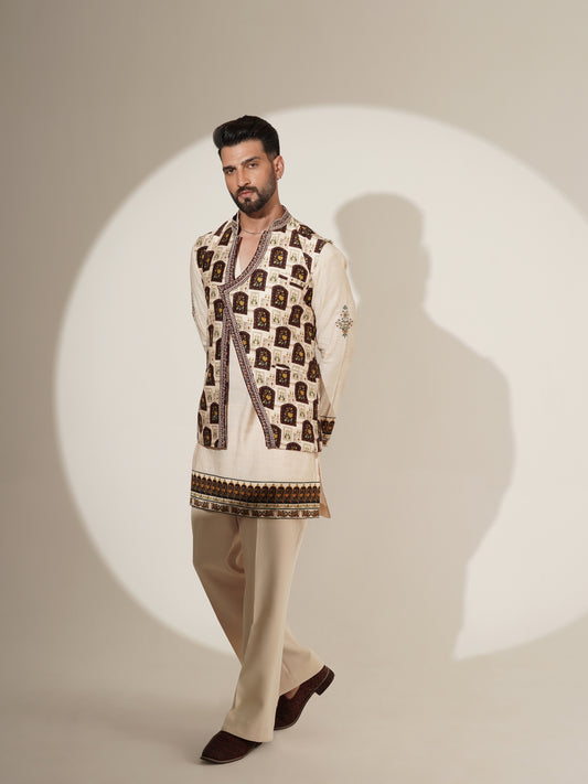 Ivory Printed Kurta Set with Statement Jacket