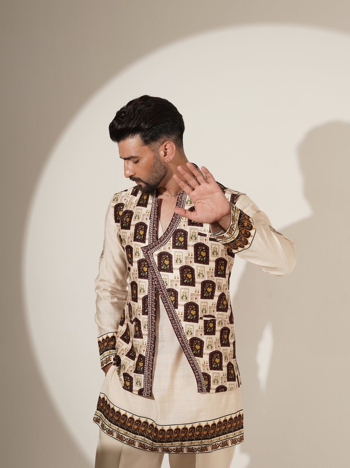 Ivory Printed Kurta Set with Statement Jacket
