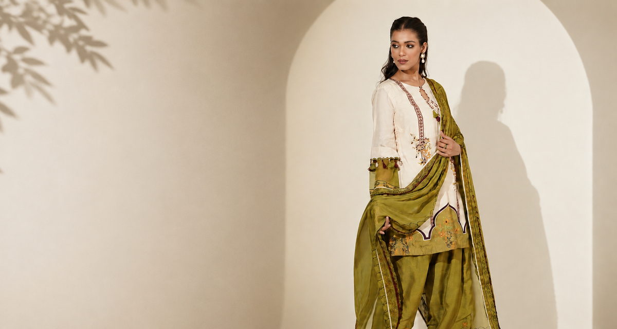 Woman wearing an ivory and olive designer Indian outfit by Maninder Gulati
